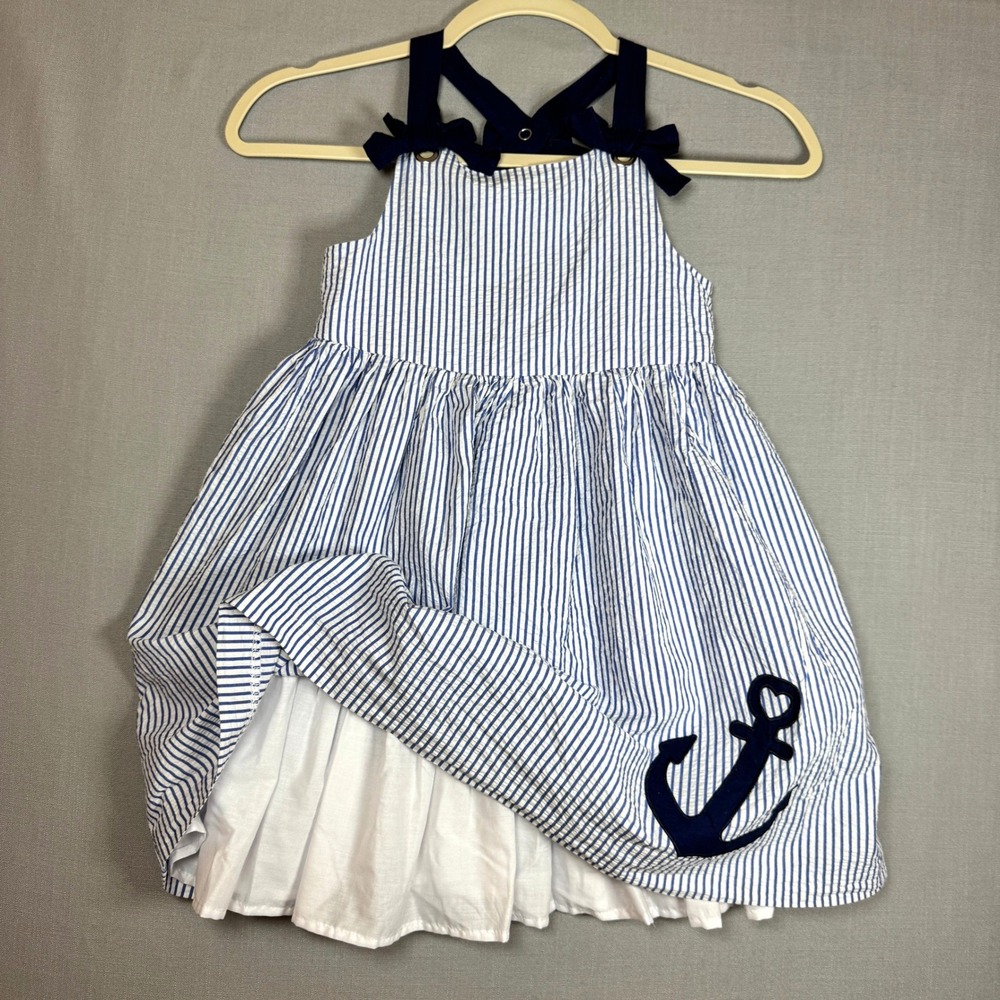 Tahari Dress Girls Size 7 Blue Seersucker Nautical Anchor Bows